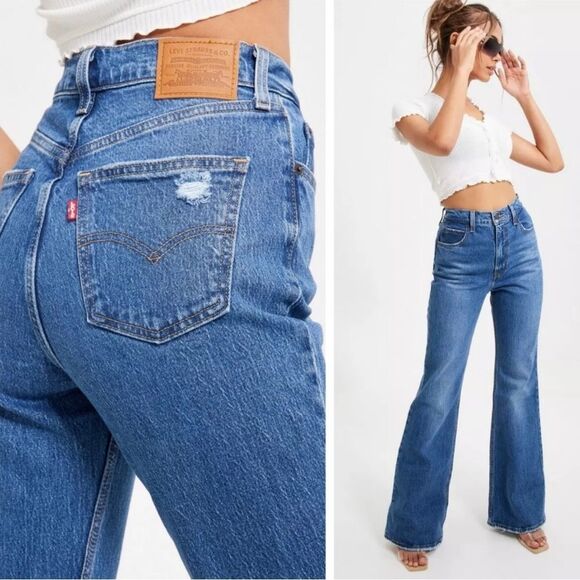 Levi's 70s Inspired High Rise Slim Fit Medium Wash Raw Edge Flare Denim Jeans 28 - Picture 4 of 13